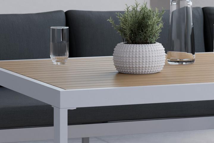 Dining-Loungeset Tisch Tischplatte Kunststoff matt Holzoptik Lamellenoptik Gestell Helllgrau Aluminium pulverbeschichtet