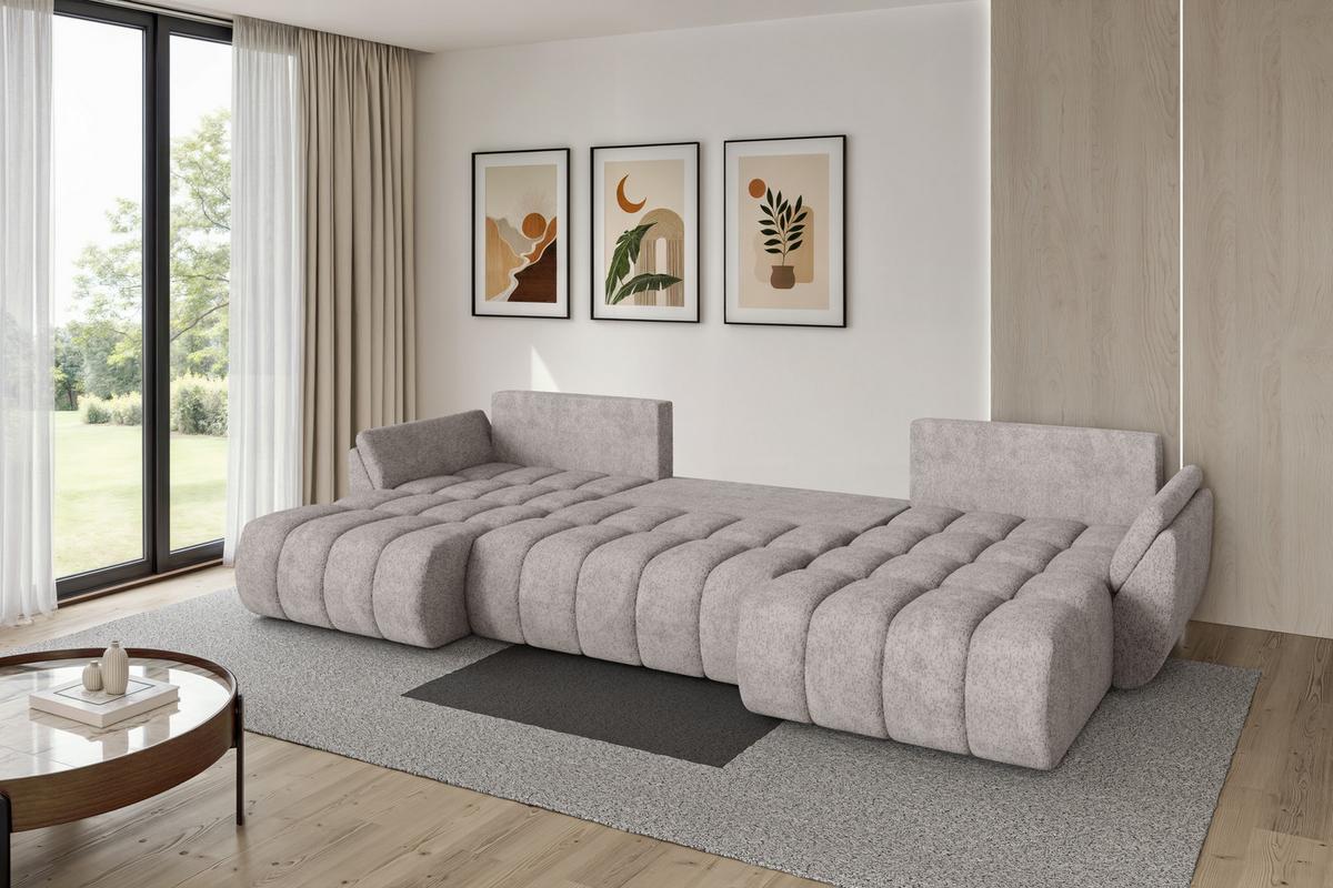WOHNLANDSCHAFT mit Schlaffunktion und Bettkasten TOKO-U-v1 378x194x86 Hellgrau Velours - Hellgrau/Schwarz, Holzwerkstoff/Kunststoff (378/86/194cm) - ALTDECOR