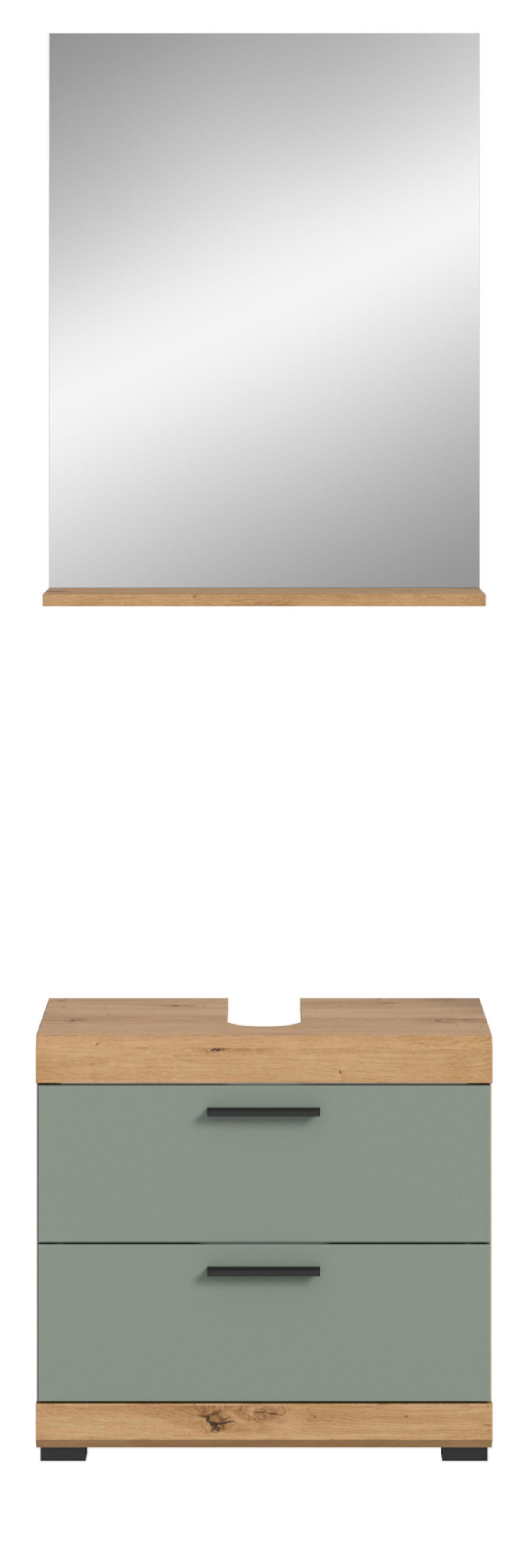 BADMÖBEL-SET Salbei grün, Eiche Artisan 2-teilig 60 cm, Kombination mit Spiegel - Salbeigrün/Schwarz, Glas/Holzwerkstoff (60/191/37cm) - Inn.Furn