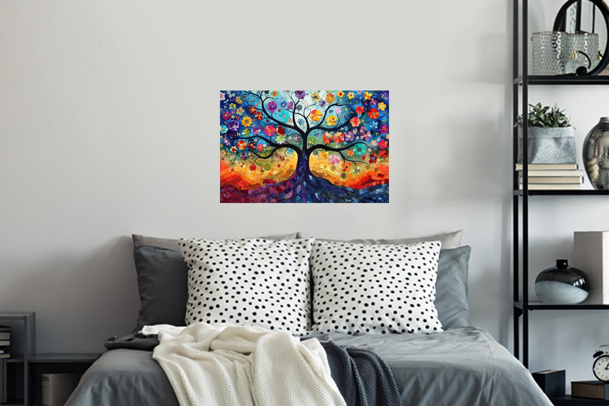 WANDTATTOO Kunst - Baum des Lebens - Blumen - Hippie Deko Wohnzimmer 60x40 cm - Dunkelblau, Kunststoff (60/40/0.1cm) - MuchoWow