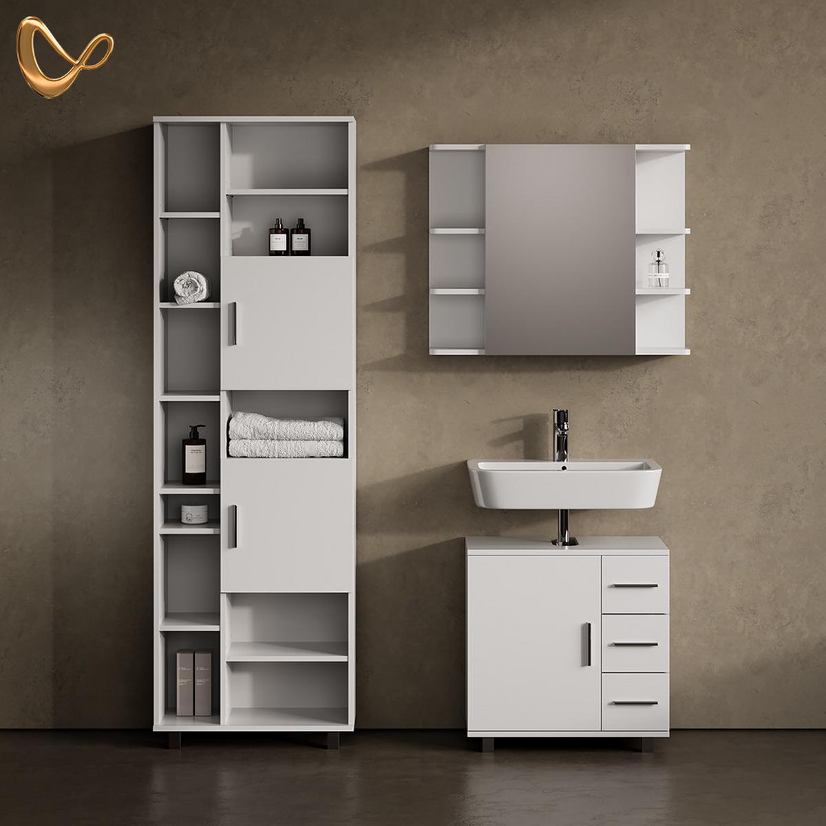 BADMÖBEL-SET Eisak Weiß 3 Teile, mit Hochschrank - Weiß, Holzwerkstoff (60/60/33cm) - Livinity®
