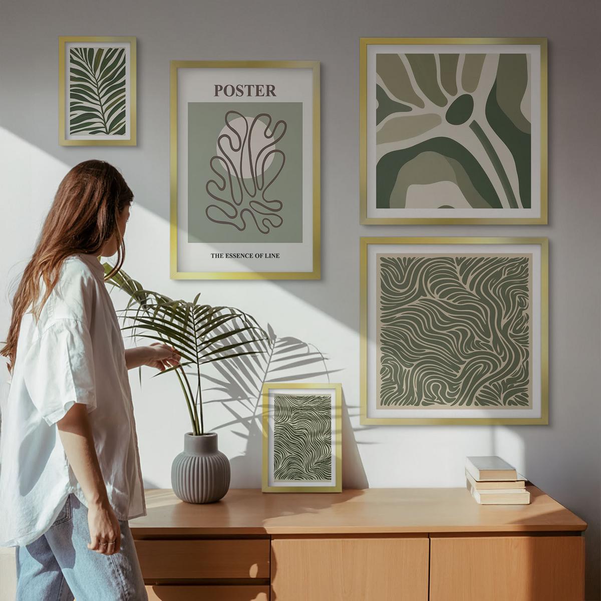 BILDER SET 5er Set - 50x50 cm & 20x30 cm & 40x60 cm Goldrahmen - Blattmuster und wellenförmige Formen - Goldfarben, Kunststoff (40/60cm) - TULUP