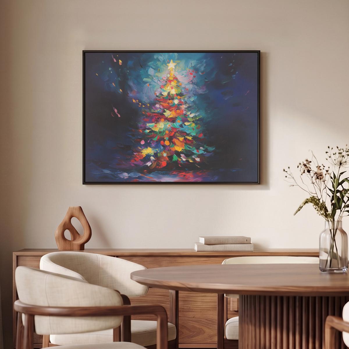 LEINWAND Bilder mit Rahmen - Weihnachtsbaum - Weihnachten - Abstrakt - Farbenfroh - 80x60 - Multicolor, Textil (80/60cm) - MuchoWow