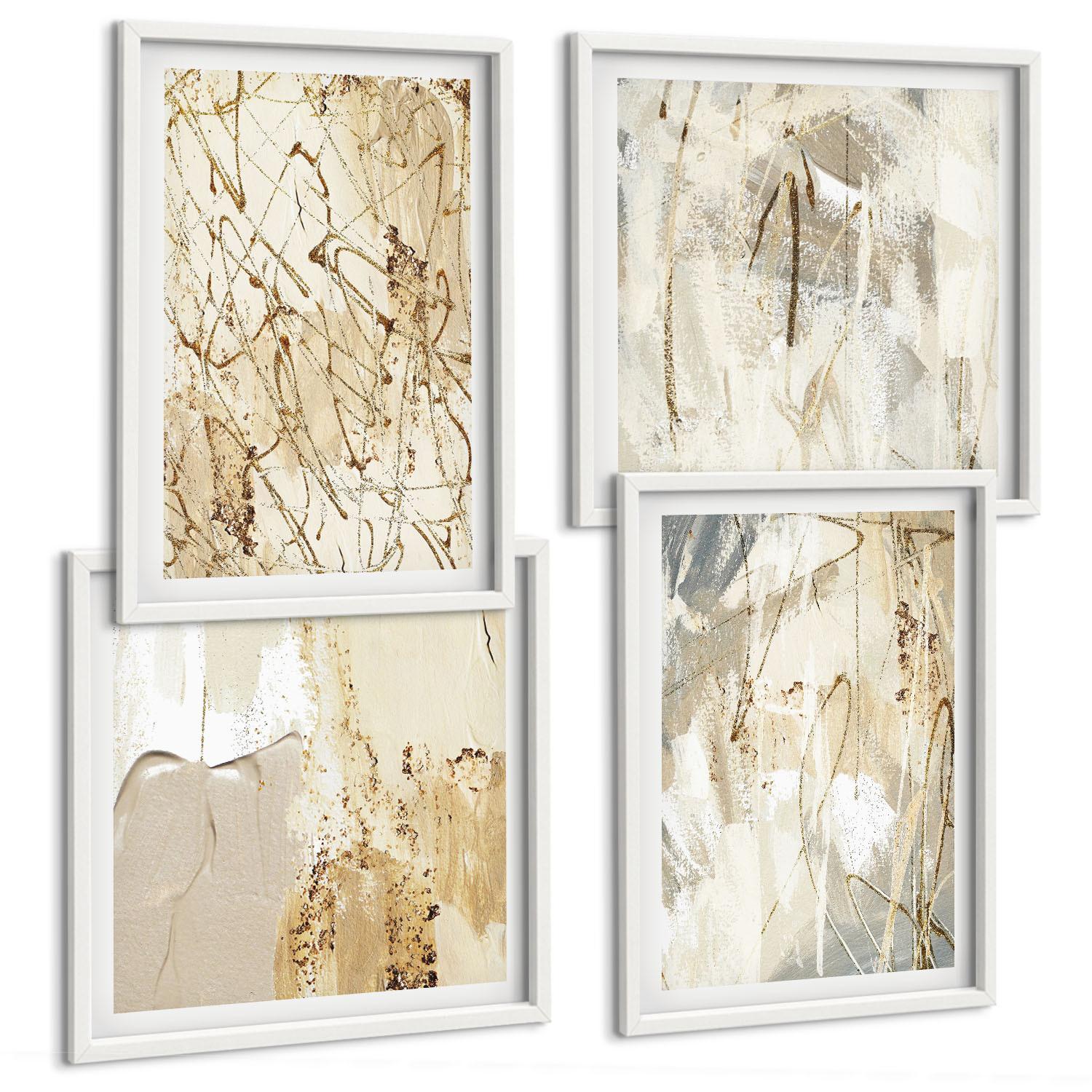 BILDER SET 4er Set - 50x50 cm & 40x60 cm Weißer Rahmen - Beige abstrakte Formen Linien - Weiß, Kunststoff (50/50cm) - TULUP