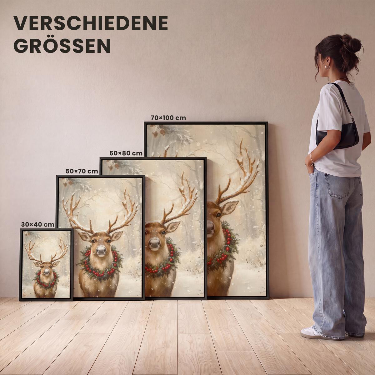 LEINWAND Bilder mit Rahmen - Weihnachten - Rentier - Winter - Kranz - 30x40 - Naturfarben, Textil (30/40cm) - MuchoWow