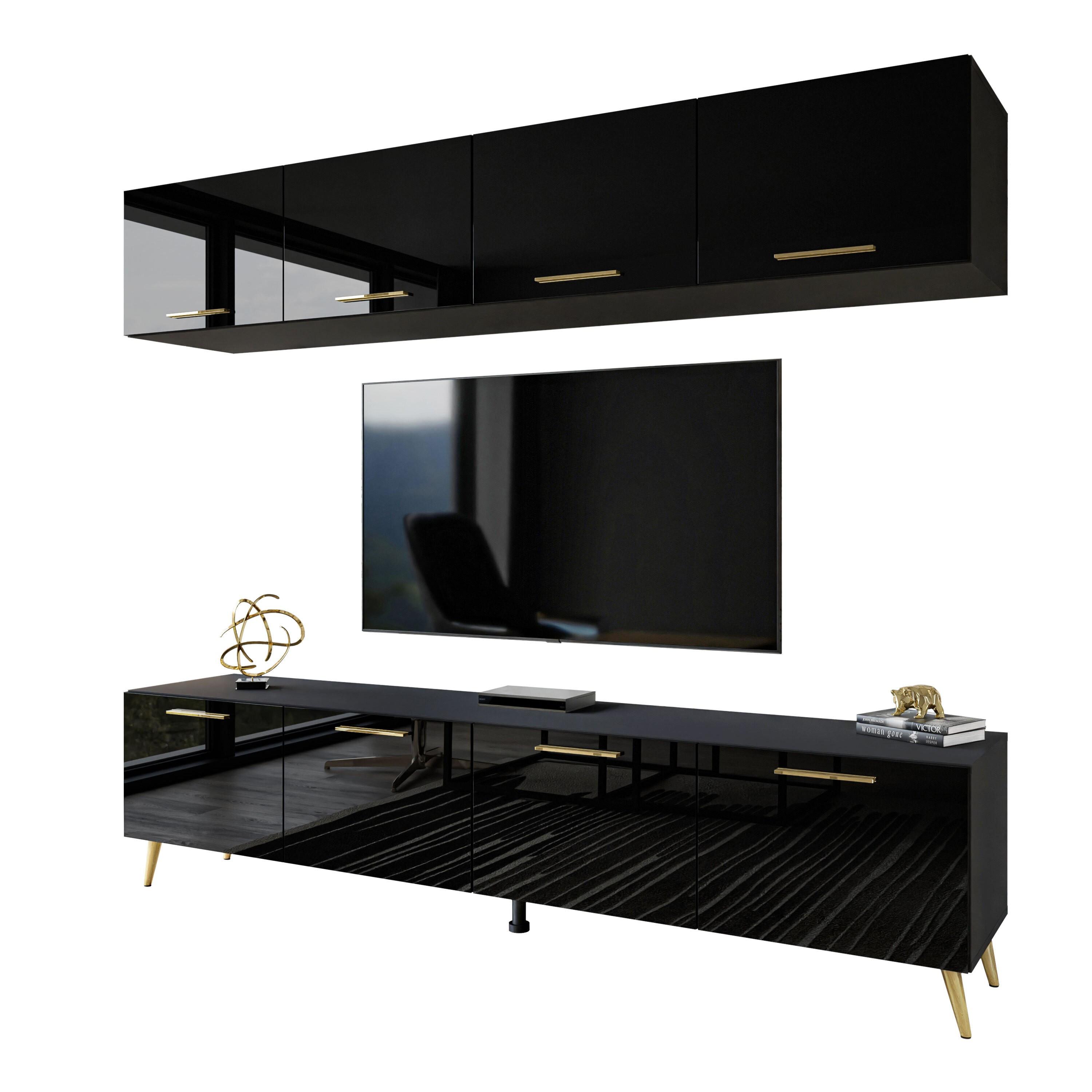 WOHNWÄNDE AURA mit Griffen Schwarz Hochglanz mit LED-Beleuchtung – Füße in Gold - Schwarz Hochglanz/Goldfarben, Holzwerkstoff (200/49/40cm) - Lookway