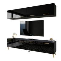 WOHNWÄNDE AURA mit Griffen Schwarz Hochglanz – Füße in Gold - Schwarz Hochglanz/Goldfarben, Holzwerkstoff (200/49/40cm) - Lookway