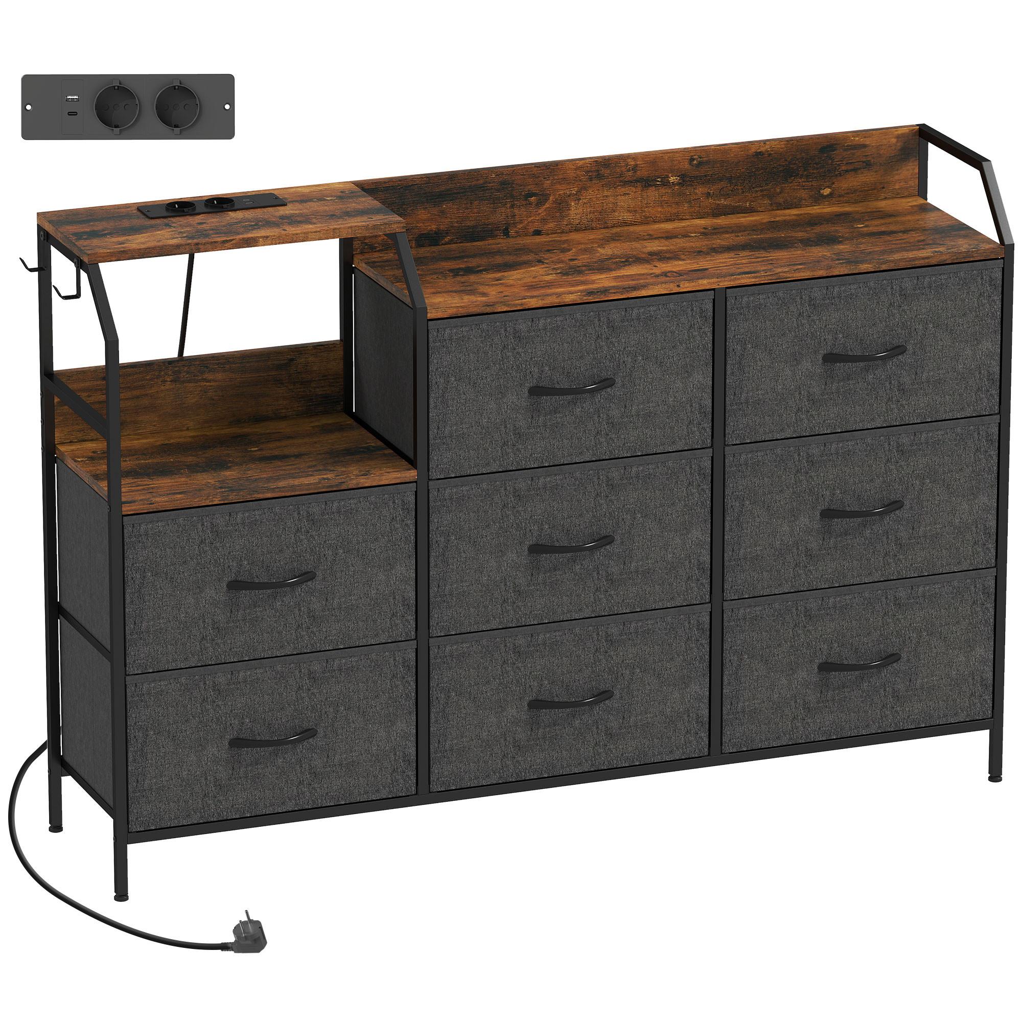 KOMMODE Schrank mit 8 Schubladen aus Vliesstoff Ladestation Haken Stahlrahmen - Multicolor/Schwarz, Kunststoff/Textil (30/88/130.5cm) - HOMCOM