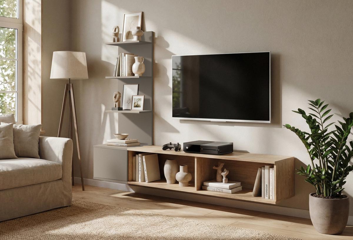 TV-LOWBOARD Eiche mit Lehm-Grau 180 cm hängend, TV Unterschrank Set mit Paneel und Regal - Eichefarben/Hellgrau, Holzwerkstoff (180/130/40cm) - Inn.Furn