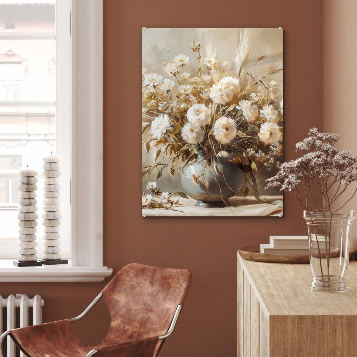 ACRYLGLASBILD Blumen - Vase - Stilleben - Beige 60x80 cm - Creme, Glas (60/80cm) - MuchoWow