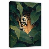 LEINWANDBILD Tiger Blätter Grün 120x80 cm - Multicolor, Holzwerkstoff (120/80cm) - Wallarena