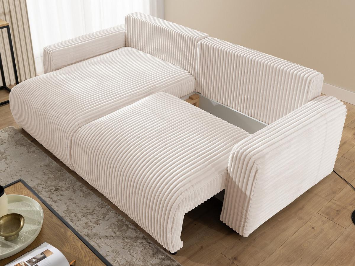 ECKSOFA Calma mit Schlaffunktion und Bettkasten im Bumpy-Design aus weichem Hellbeige Plüschcord - Ottomane links - Beige/Schwarz, Holz/Kunststoff (239/140cm) - S-Style