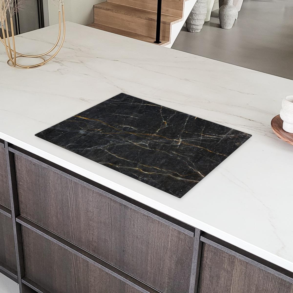 HERDABDECKPLATTE Marmor - Schwarz - Gold - Grau - Marmorstruktur Herdabdeckung Induktionsfeld 75x52 cm - Goldfarben, Kunststoff (75/52/0.2cm) - MuchoWow
