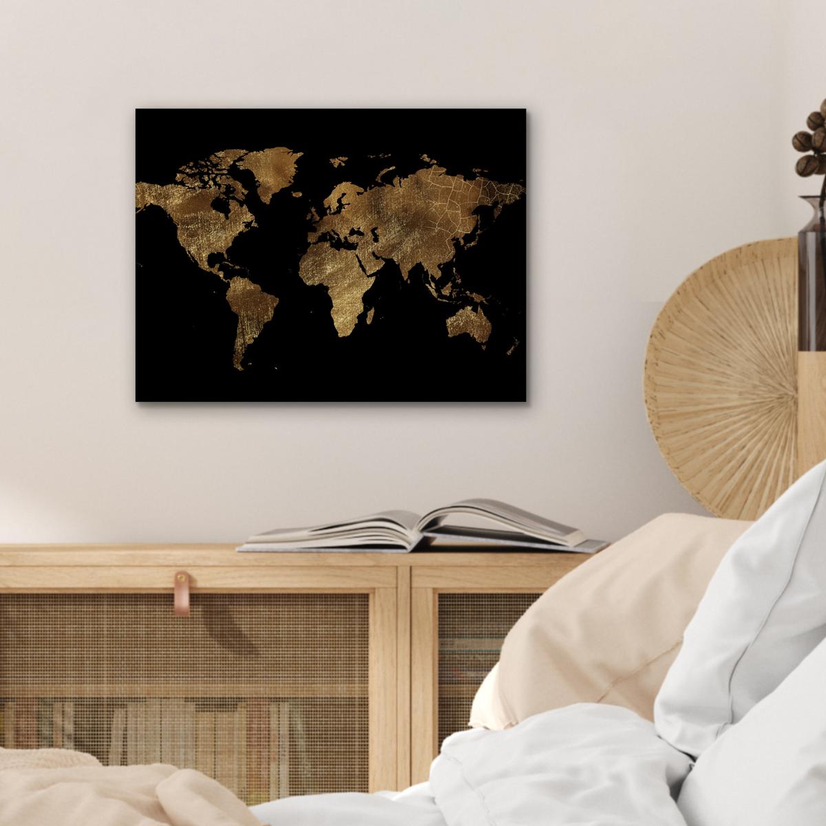 METALLBILD Weltkarte - Gold - Luxus - Erde - Schwarz 40x30 cm - Goldfarben, Metall (40/30cm) - MuchoWow