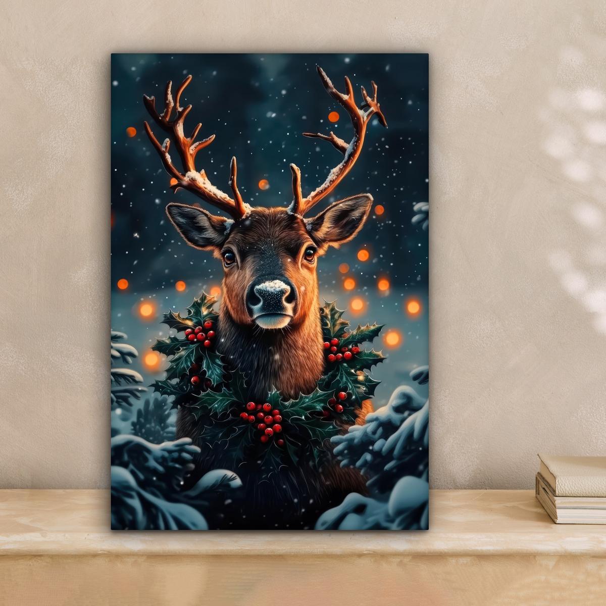 LEINWANDBILD Hirsch - Weihnachten - Winter - Schnee - Weihnachtskranz Deko Wohnzimmer 20x30 cm - Dunkelbraun, Textil (20/30cm) - MuchoWow