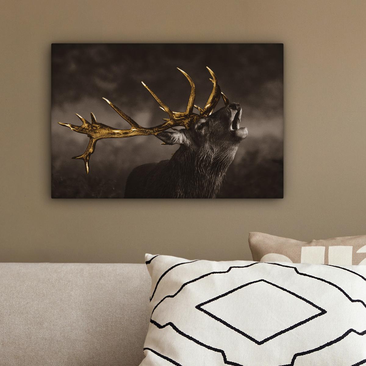 LEINWANDBILD Rotwild - Schwarz - Gold Deko Schlafzimmer 30x20 cm - Braun, Textil (30/20cm) - MuchoWow