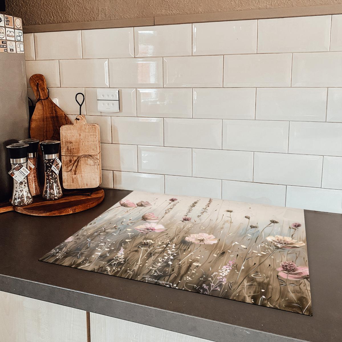 HERDABDECKPLATTE Blumen - Beige - Trockenblumen Herdabdeckung Induktionsfeld 65x52 cm - Beige, Kunststoff (65/52/0.2cm) - MuchoWow