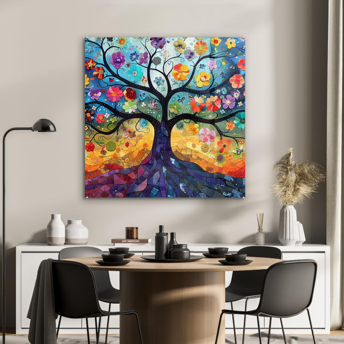 ACRYLGLASBILD Kunst - Baum des Lebens - Blumen - Hippie 90x90 cm - Dunkelblau, Glas (90/90cm) - MuchoWow