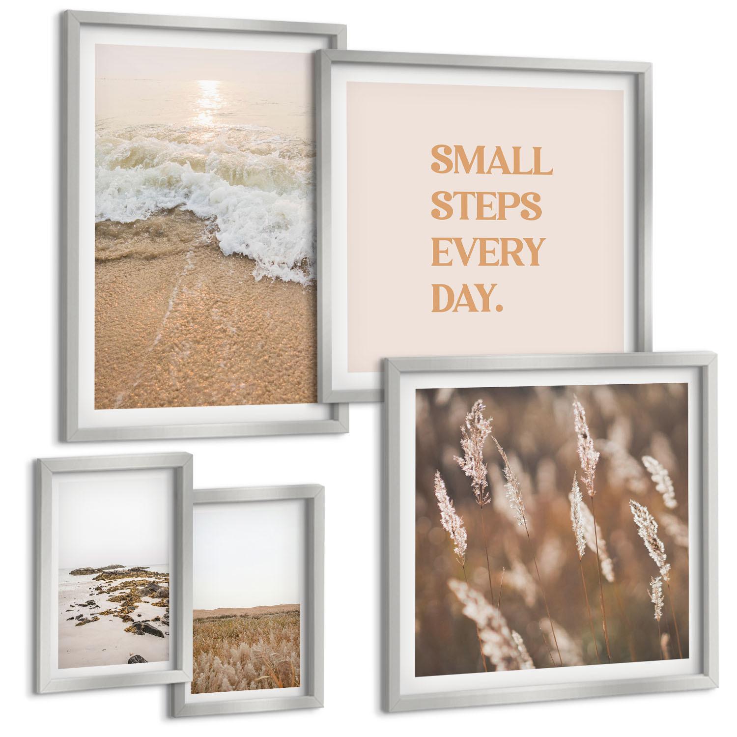 BILDER SET 5er Set - 50x50 cm & 20x30 cm & 40x60 cm Silberner Rahmen - Strandwellen, Steine, Sommer - Silberfarben, Kunststoff (40/60cm) - TULUP