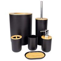 BADEZIMMER ZUBEHÖR SET (6-tlg.) mit Zahnputzbecher Seifenschale Seifenspender Toilettenbürste - Schwarz, Naturmaterialen (19.5/26/19.5cm) - Intirilife