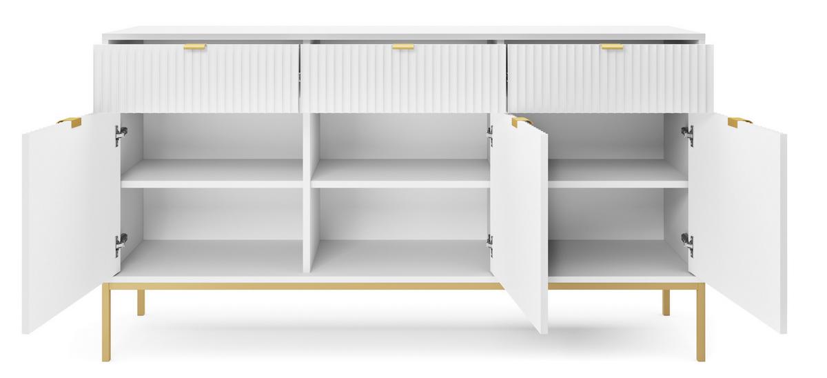 SIDEBOARD Eternas 3T 3S Weiß 154/83/39 cm – goldene Füße, mit geriffelten Fronten - Goldfarben/Weiß, Holzwerkstoff (154/83/39cm) - AX Living