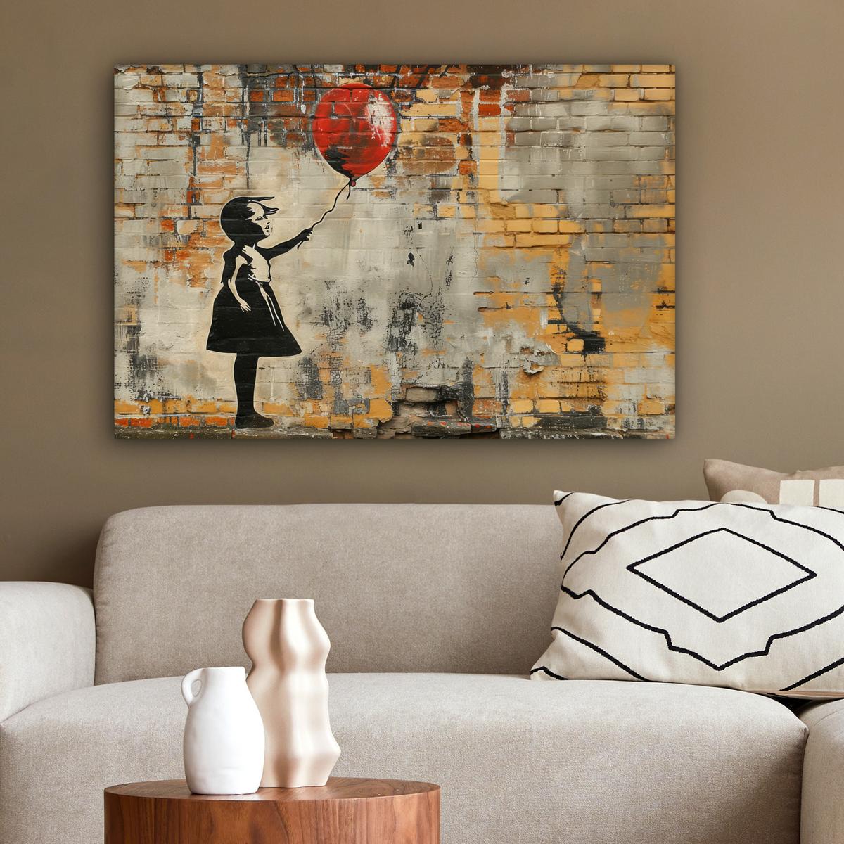LEINWANDBILD Graffiti - Banksy - Mädchen - Straßenkunst XXL 150x100 cm - Sandfarben, Textil (150/100cm) - MuchoWow