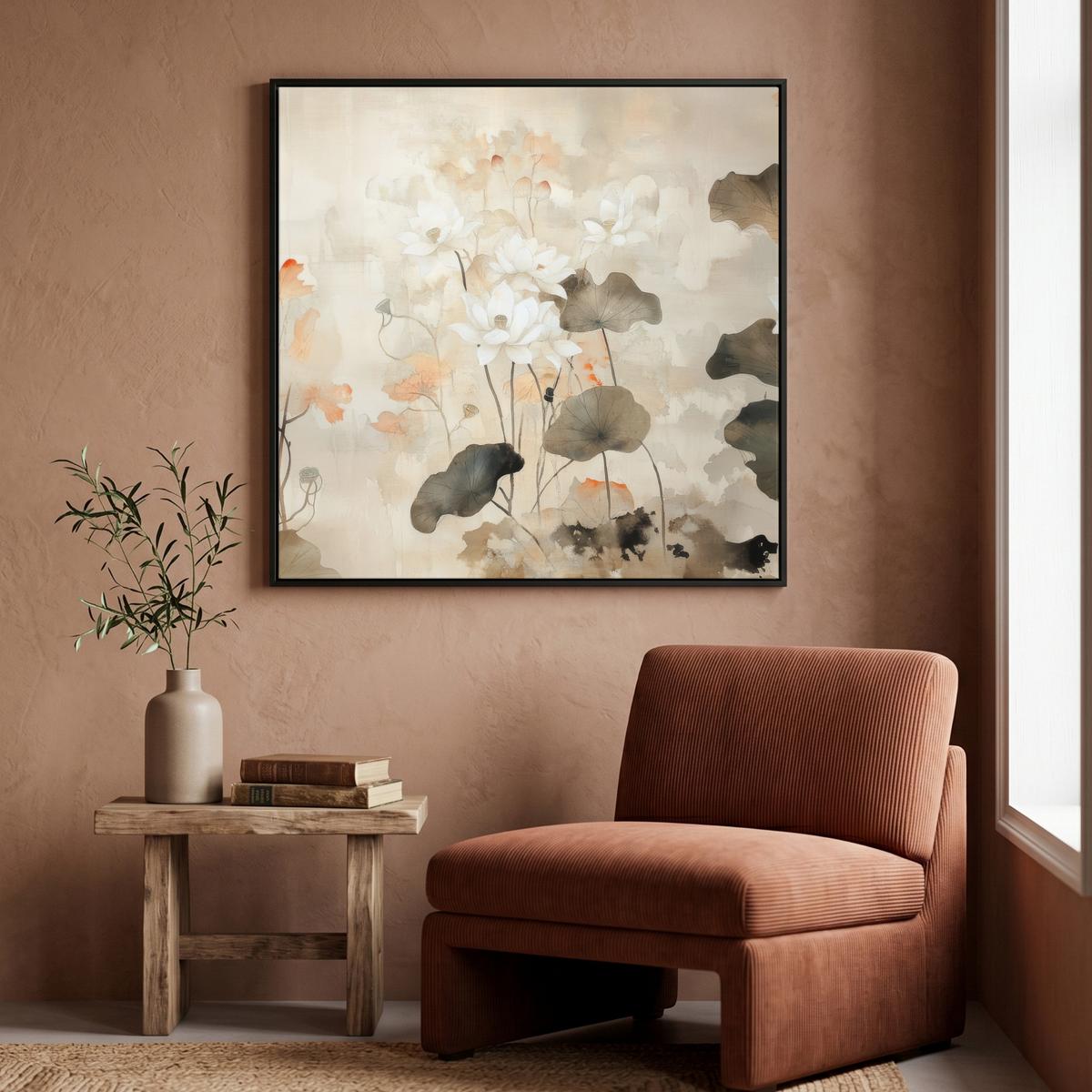 LEINWAND Bilder mit Rahmen - Blumen - Japandi - Wabi sabi - 90x90 - Sandfarben, Textil (90/90cm) - MuchoWow