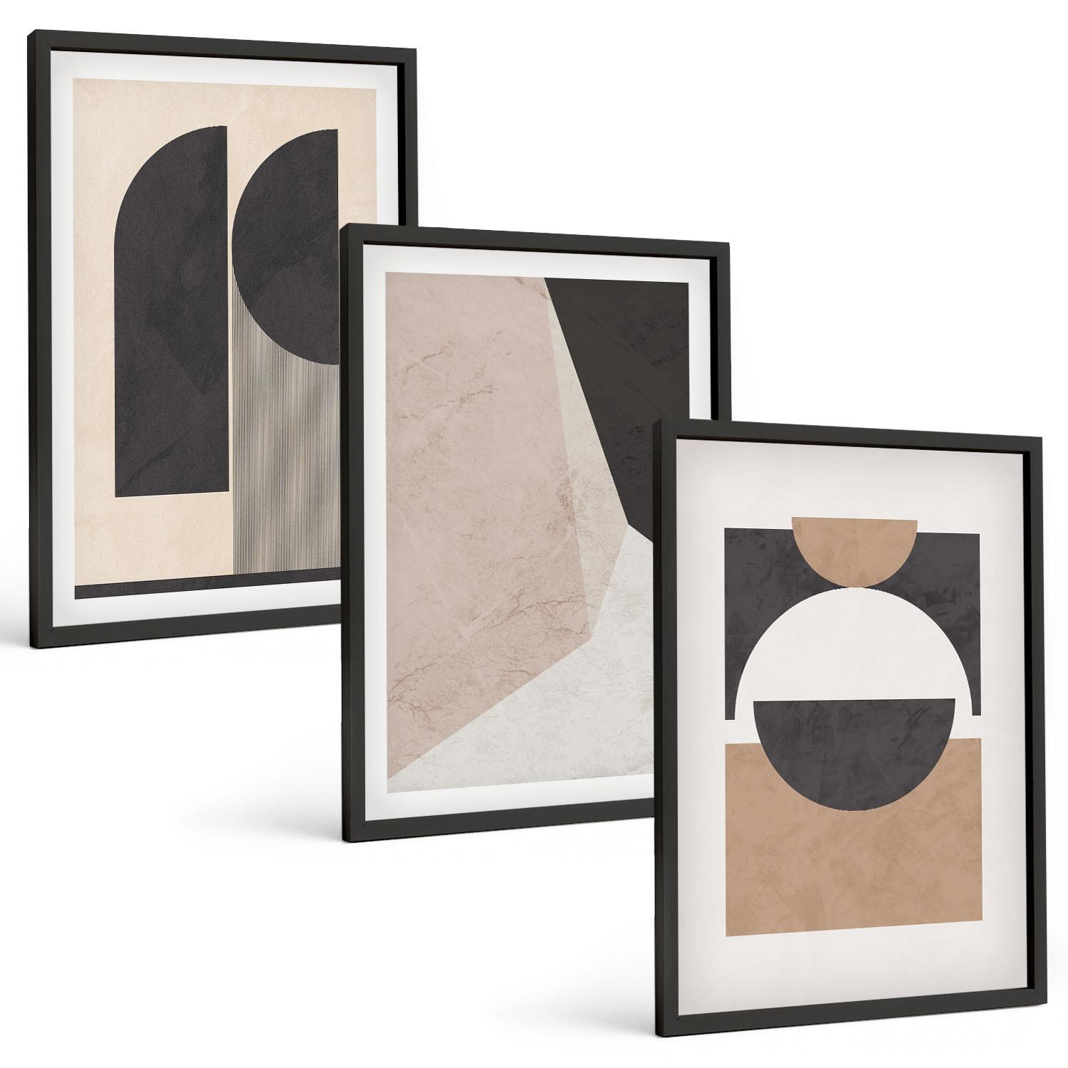 BILDER SET 3er Set - 40x60 cm Schwarzer Rahmen - Abstrakte Formen beige braun - Schwarz, Kunststoff (40/60cm) - TULUP