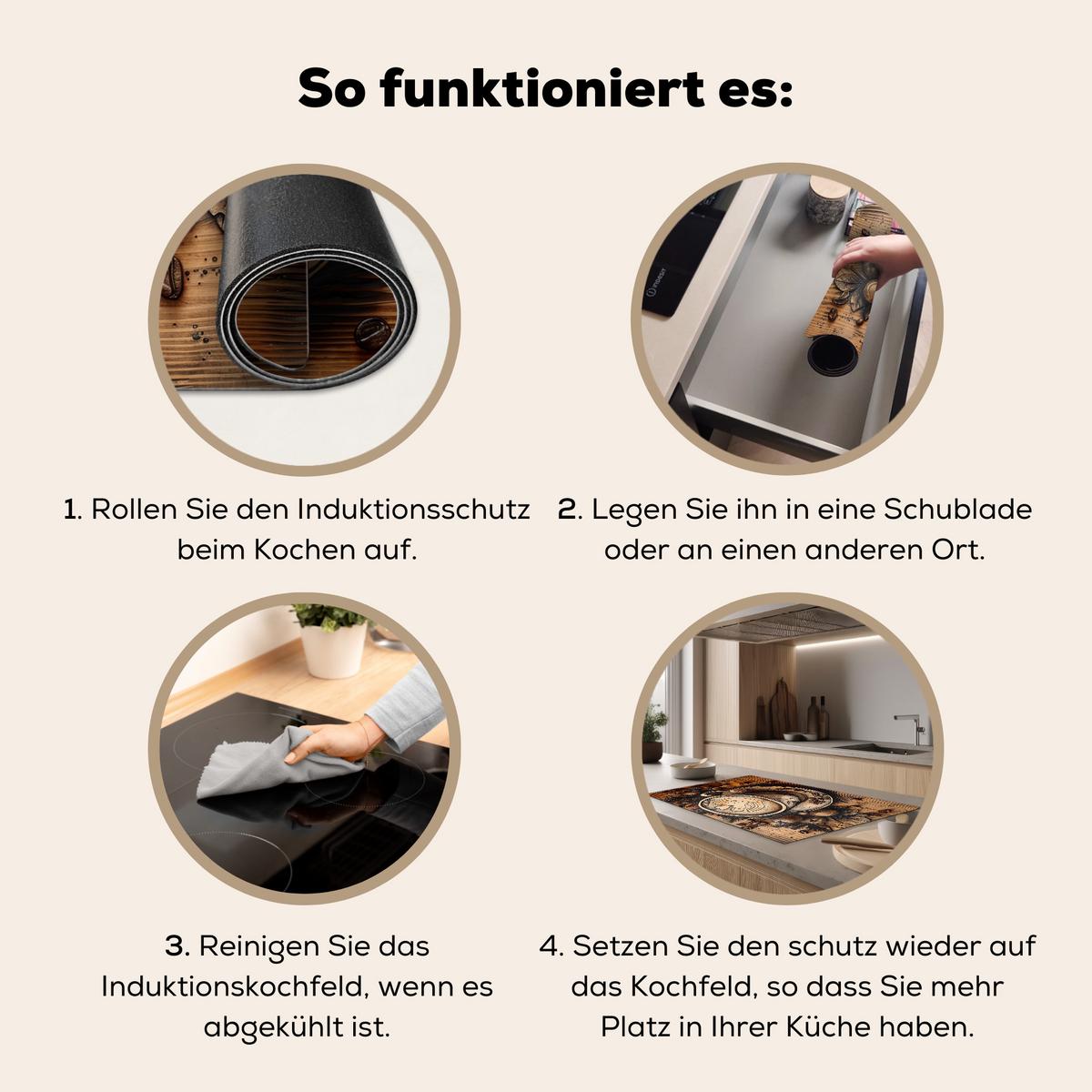 HERDABDECKPLATTE Kaffee - Vintage - Braun - Tasse - Holz Induktionsschutz 91.6x52.7 cm - Cappuccino, Kunststoff (91.6/52.7/0.2cm) - MuchoWow