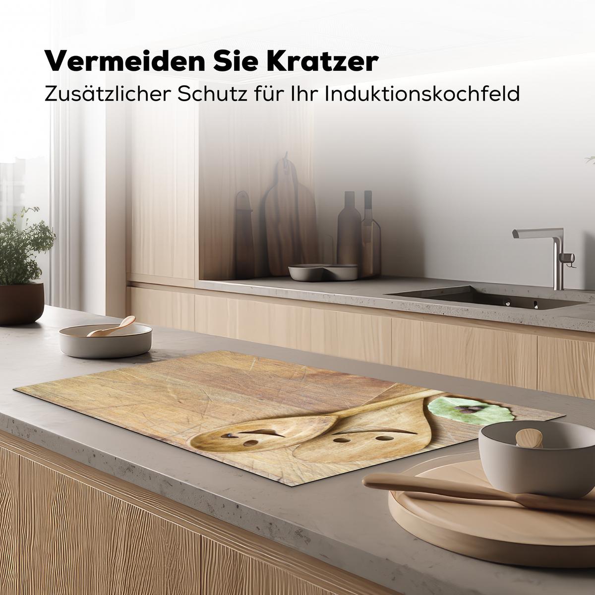 HERDABDECKPLATTE Holz - Löffel - Braun - Smiley Ceranfeldabdeckung 90x52 cm - Hellbraun, Kunststoff (90/52/0.2cm) - MuchoWow