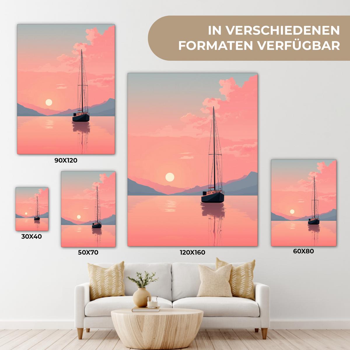 LEINWANDBILD Segelboot - Rosa Meer - Sonnenuntergang - Berge Room Decor 30x40 cm - Rosa, Textil (30/40cm) - MuchoWow