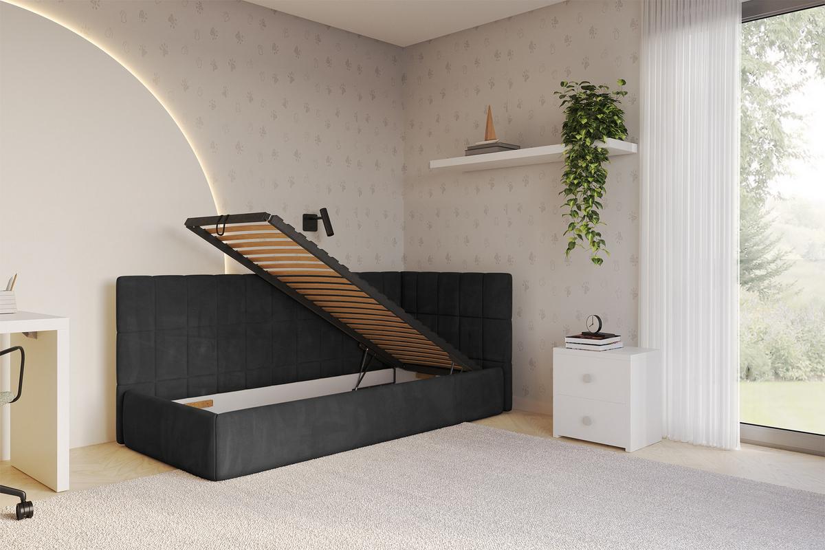 EINZELLBETT Jugendbett mit Bettkasten, Links - TULY 100x200 Schwarz - Schwarz, Holzwerkstoff/Textil (100/200cm) - ALTDECOR