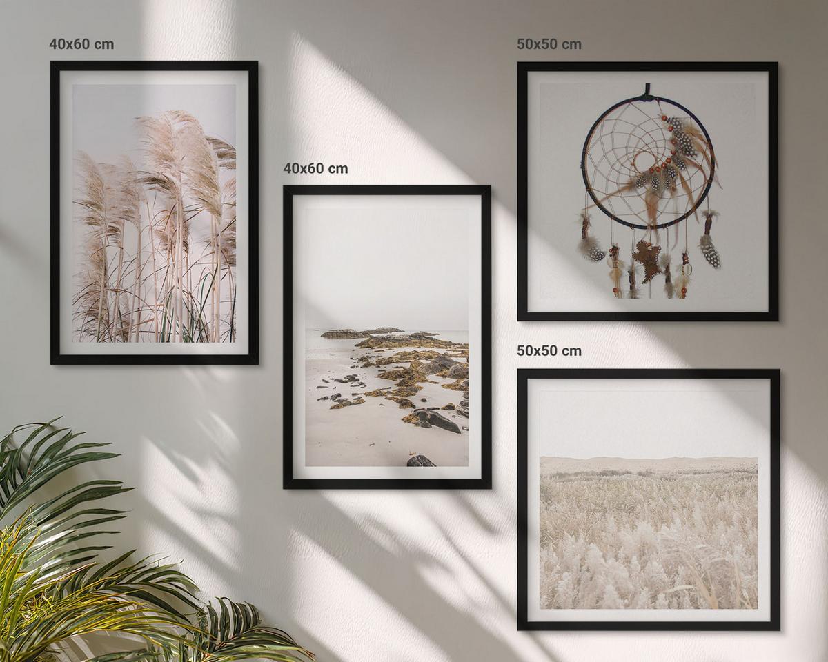 BILDER SET 4er Set - 50x50 cm & 40x60 cm Schwarzer Rahmen - Wiesen, Strand, Boho-Stil - Schwarz, Kunststoff (50/50cm) - TULUP