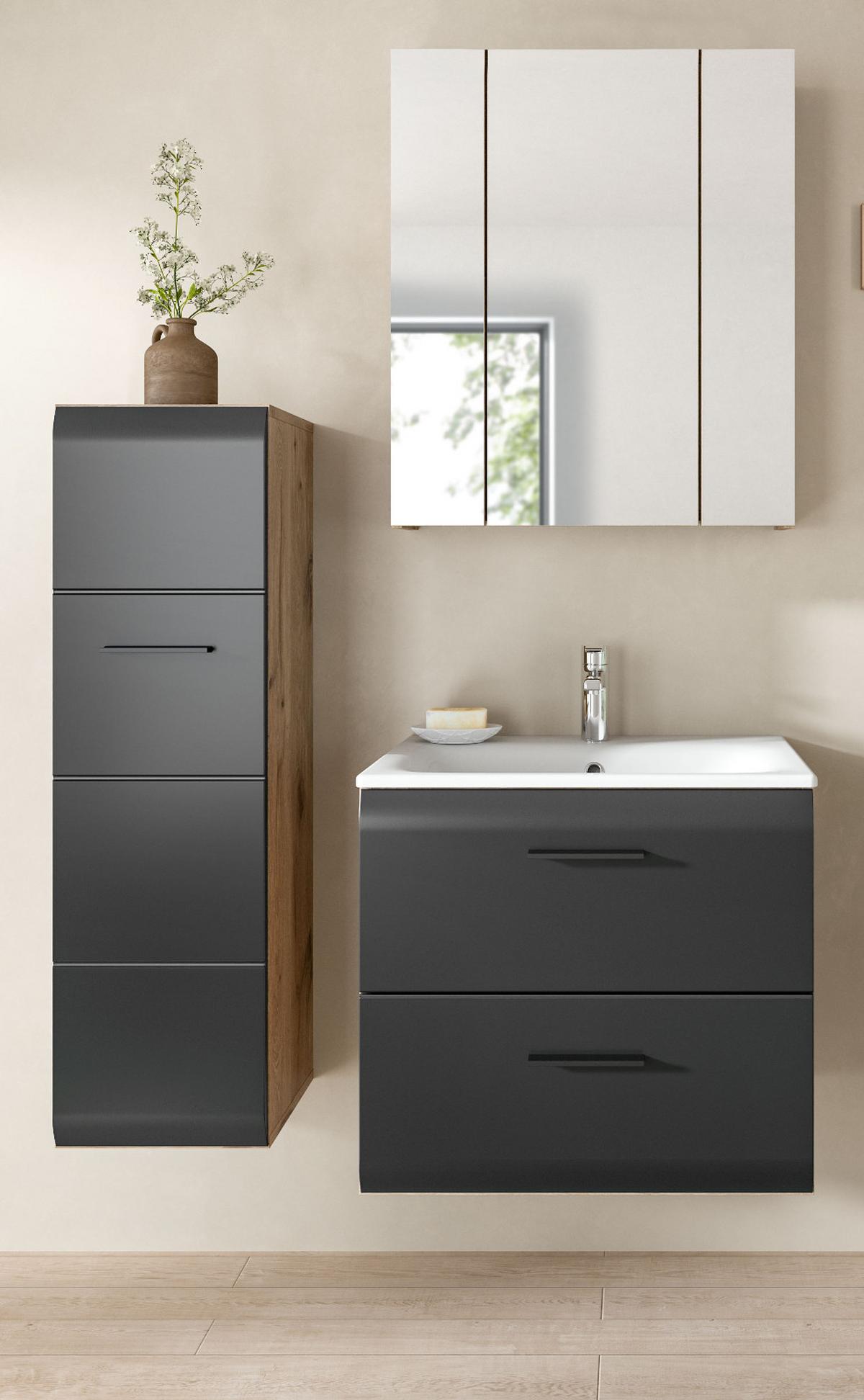 BADMÖBEL-SET schwarz matt, Eiche Nox, Badezimmer komplett mit Waschbecken 105 cm - Eichefarben/Schwarz, Glas/Holzwerkstoff (105/185/46cm) - Inn.Furn