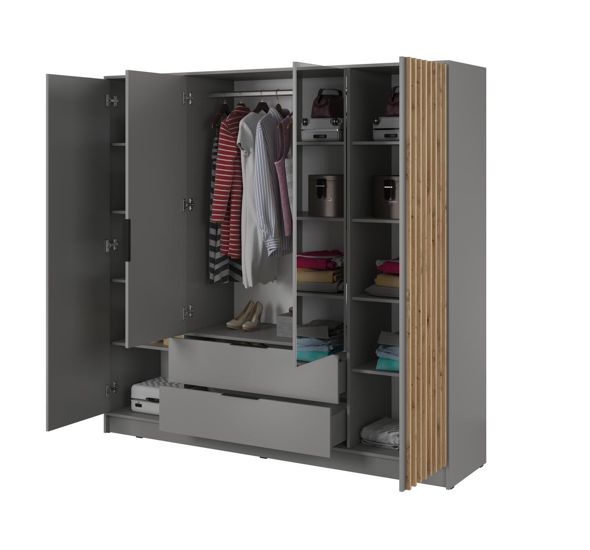 DREHTÜRENSCHRANK NELIANA 206/200/51 cm 4-türig mit Spiegel Grau - Grau, Holzwerkstoff (206/200/51cm) - MASSENO