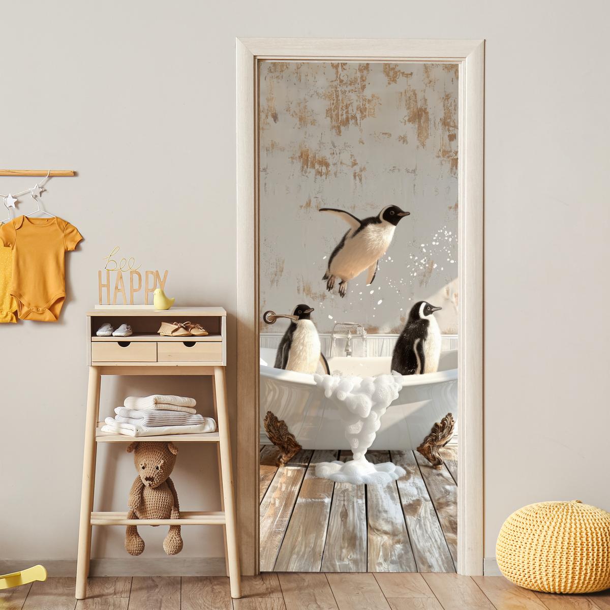TÜRAUFKLEBER Vintage - Pinguin - Badewanne - Schaumstoff 80x215 cm - Türtapete - Hellbraun, Kunststoff (80/0.1cm) - MuchoWow