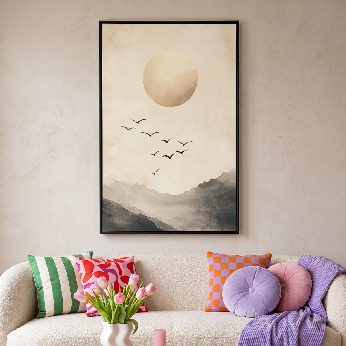 LEINWAND Bilder mit Rahmen - Landschaft - Japandi - Vogel - 80x120 - Beige, Textil (80/120cm) - MuchoWow