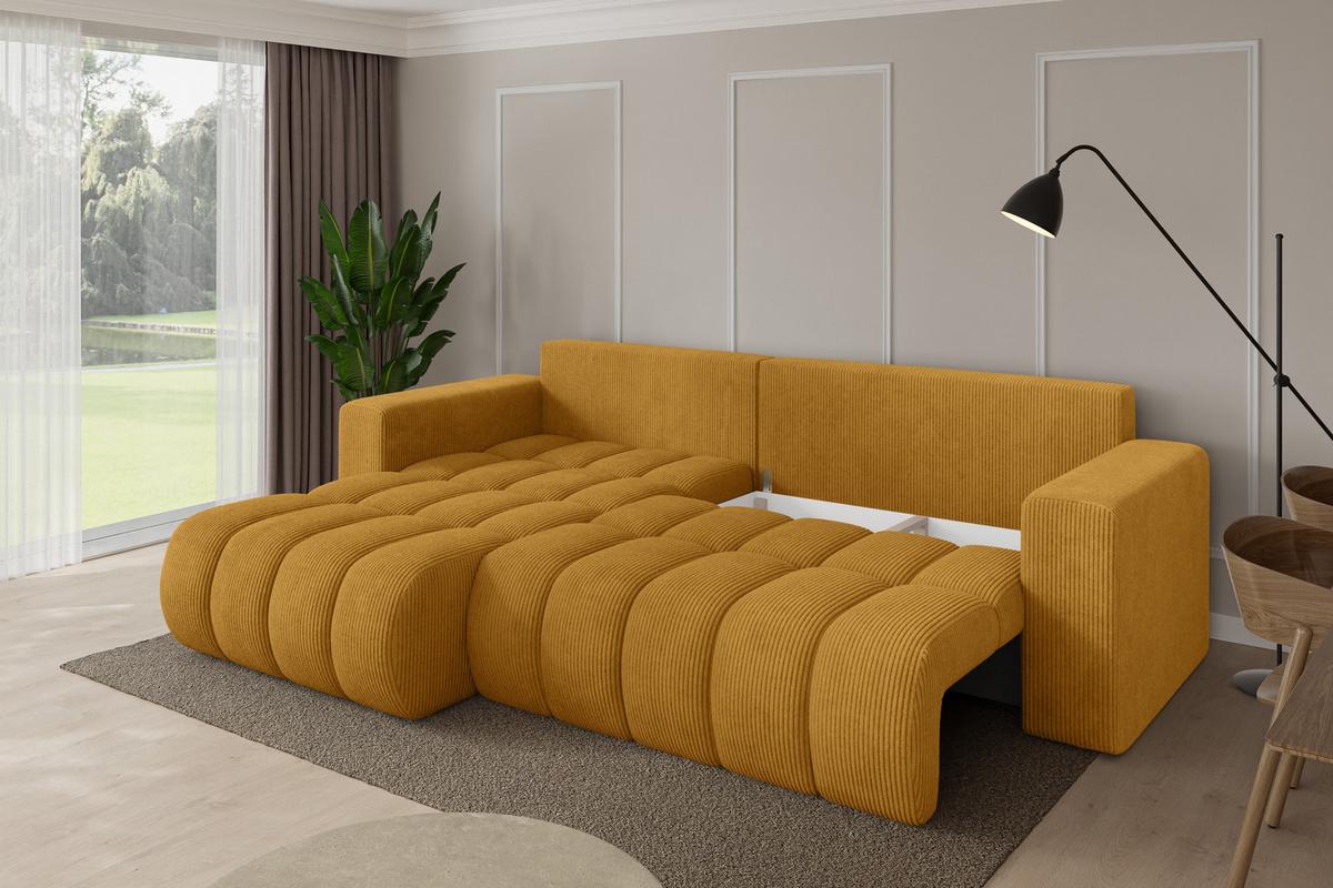ECKSOFA mit Schlaffunktion Ottomane Links MILA-L-v1 277x195x86 Senfgelb Cord - Dunkelgelb/Schwarz, Holzwerkstoff/Kunststoff (277/194cm) - ALTDECOR