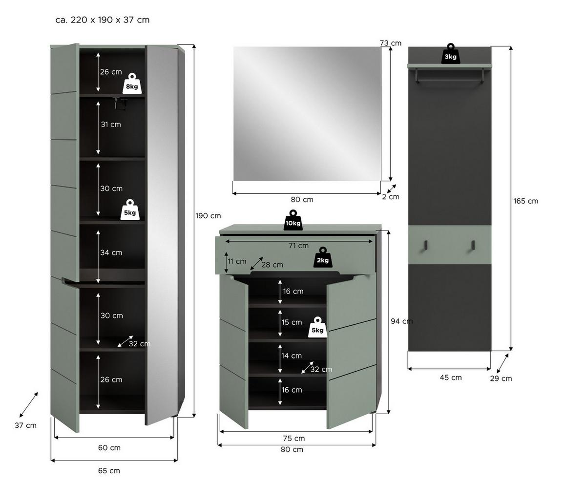 GARDEROBE-SET Salbei und Grau, Garderobe 4-teilig, 220 x 190 cm, Soft-Close, Cooper - Salbeigrün/Dunkelgrau, Holzwerkstoff/Kunststoff (220/190/37cm) - Inn.Furn