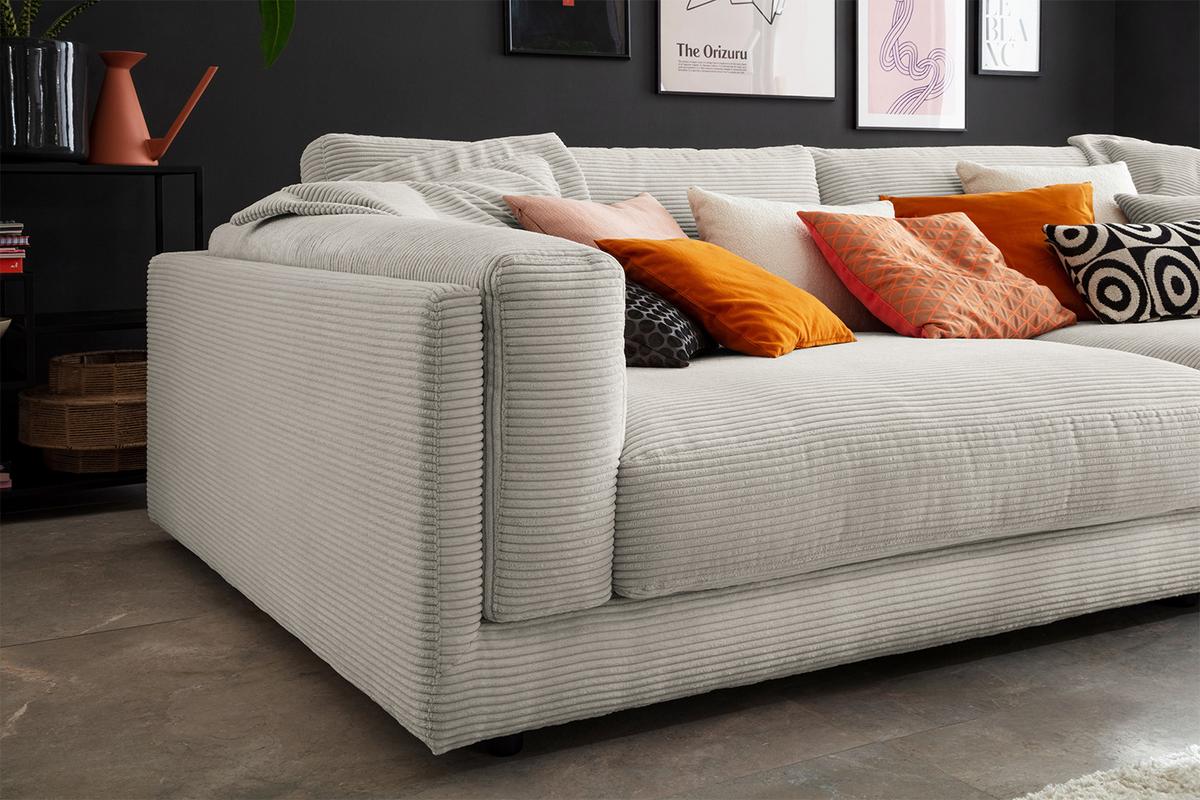 BIG SOFA RAINA Steingrau Cord - Greige/Schwarz, Kunststoff/Textil (254/85/150cm) - KAWOLA
