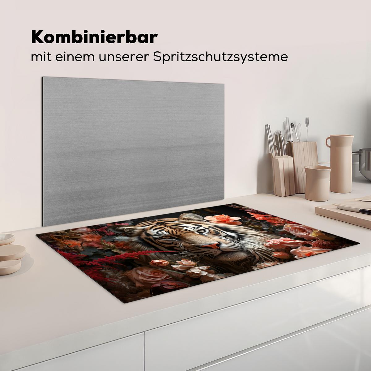 HERDABDECKPLATTE Tiger - Tier - Natur - Floral - Botanisch Induktionsmatte 83x51 cm - Orange, Kunststoff (83/51.5/0.2cm) - MuchoWow