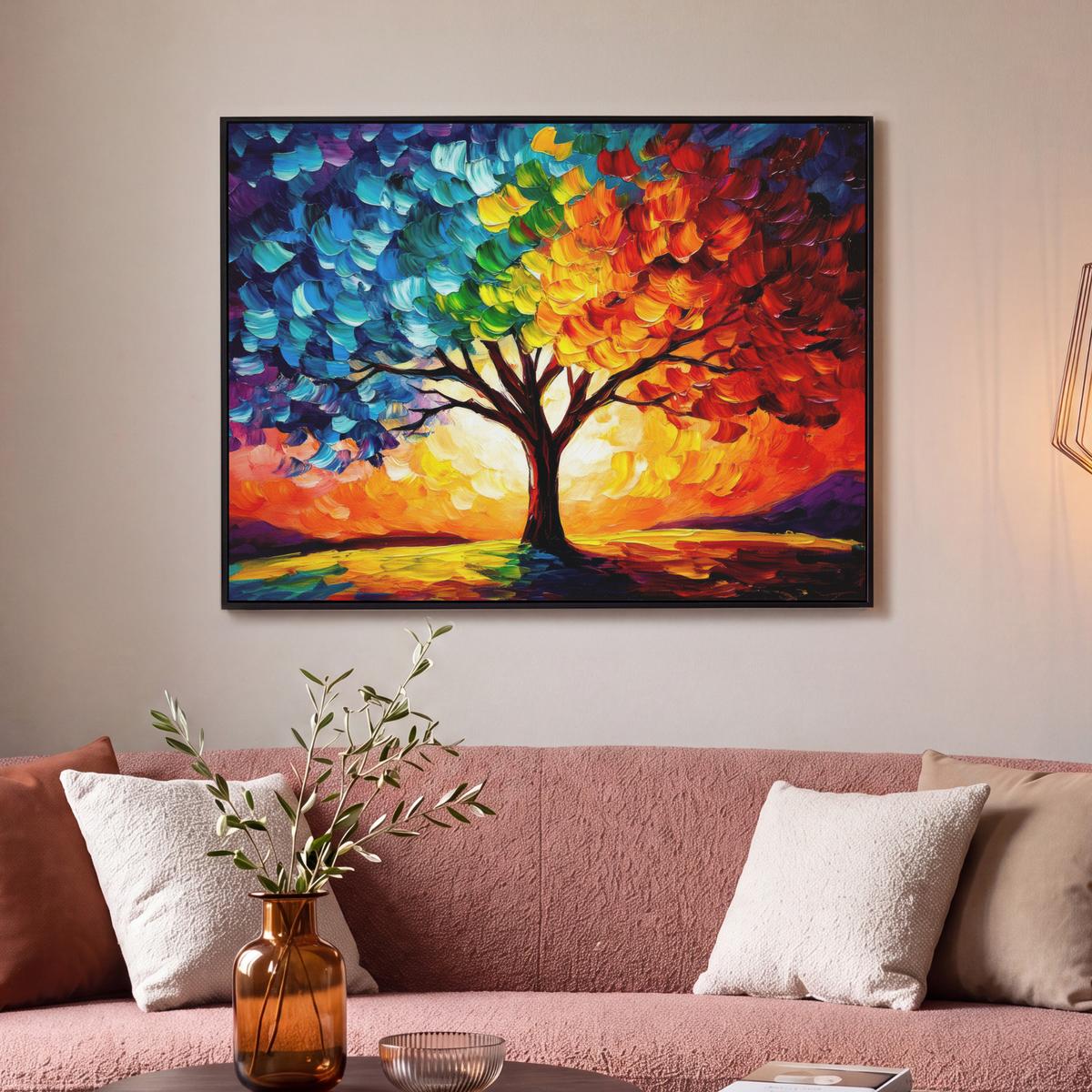 LEINWAND Bilder mit Rahmen - Baum - Kunst - Natur - Sonnenuntergang - 100x70 - Multicolor, Textil (100/70cm) - MuchoWow