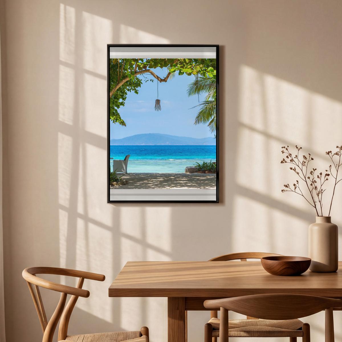 LEINWAND Bilder mit Rahmen - Aussicht - Baum - Meer - Palme - Hügel - Strand - Blau - 60x90 - Blau, Textil (60/90cm) - MuchoWow