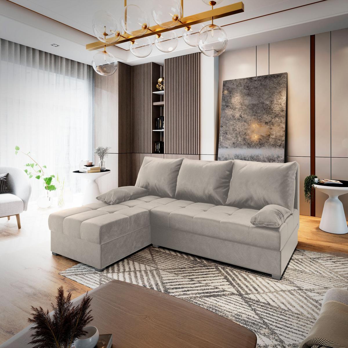 ECKSOFA RITA Beige Plüsch-Stoff mit Schlaffunktion - Beige/Grau, Holz/Kunststoff (200/141cm) - MASSENO