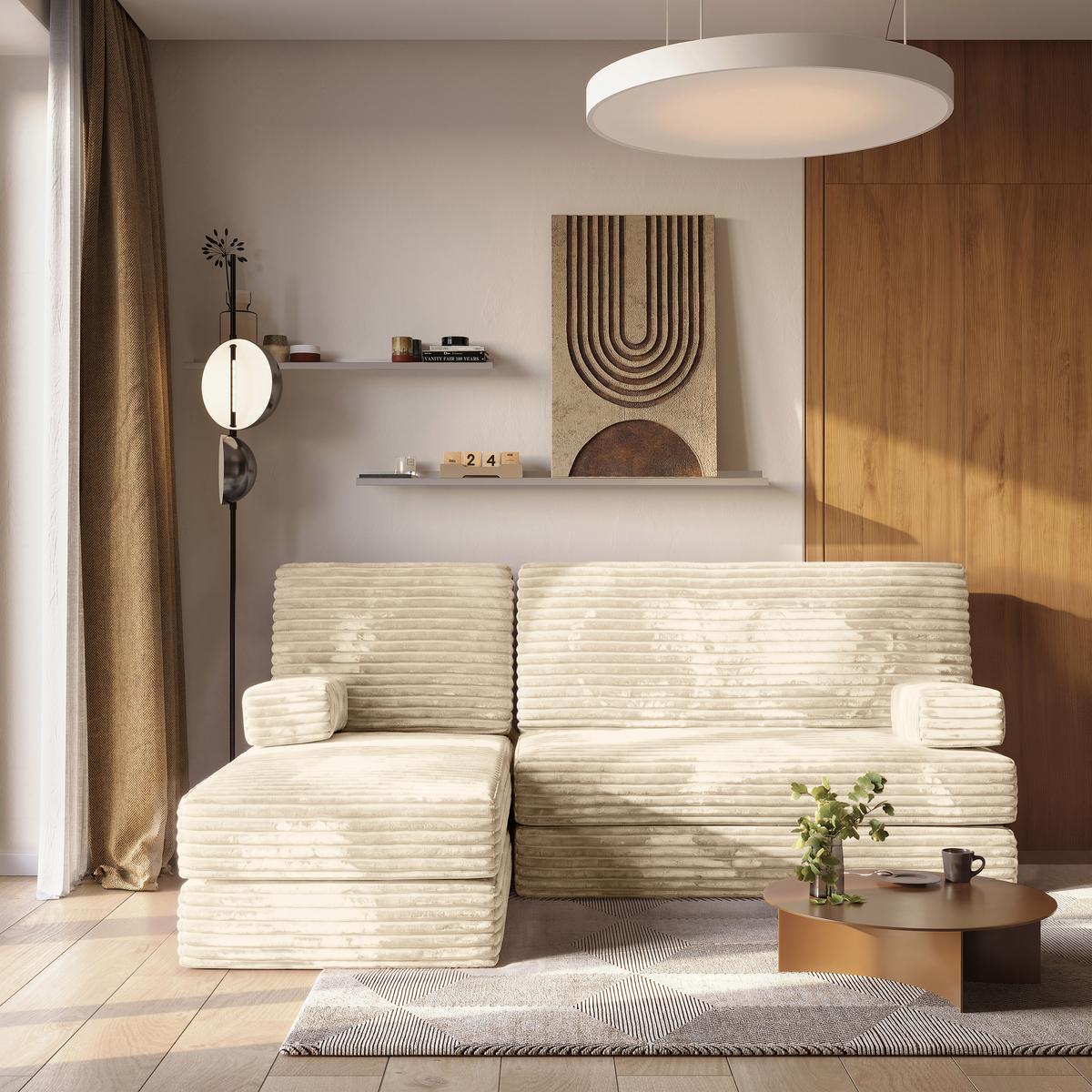 ECKSOFA NOTIA modulares Boneless Sofa mit Schlaffunktion Creme Kordstoff - Creme, Textil (200/120cm) - MASSENO