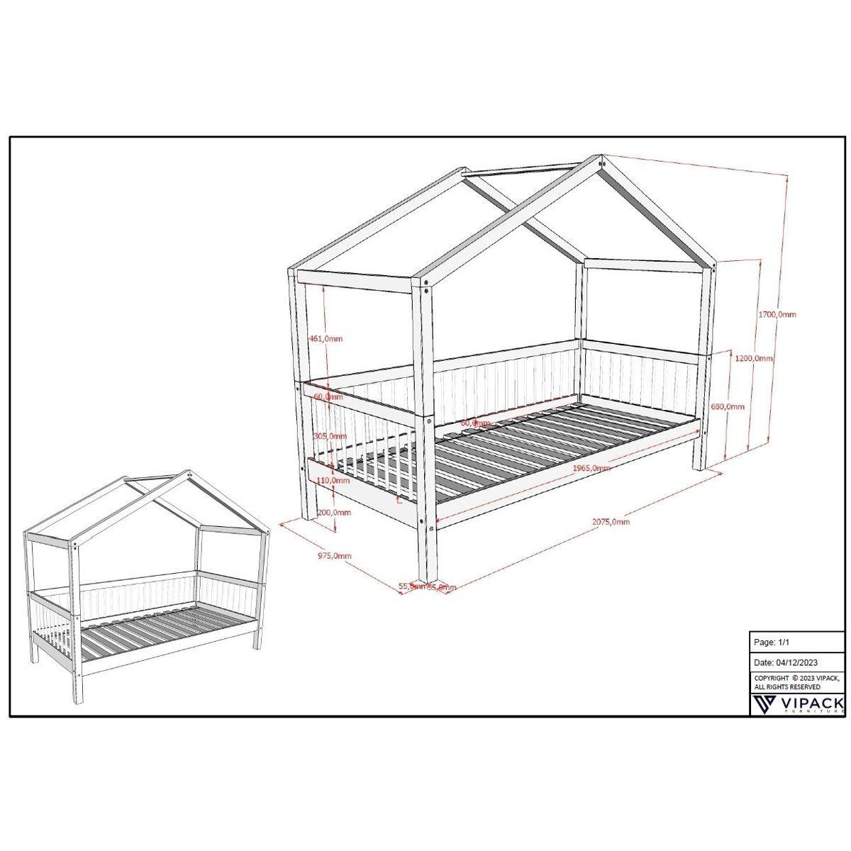 HAUSBETT Kelci 90x200 mit Dach und Rausfallschutz Buche massiv natur - Buchefarben, Holz (90/200cm) - 58aufmkessel