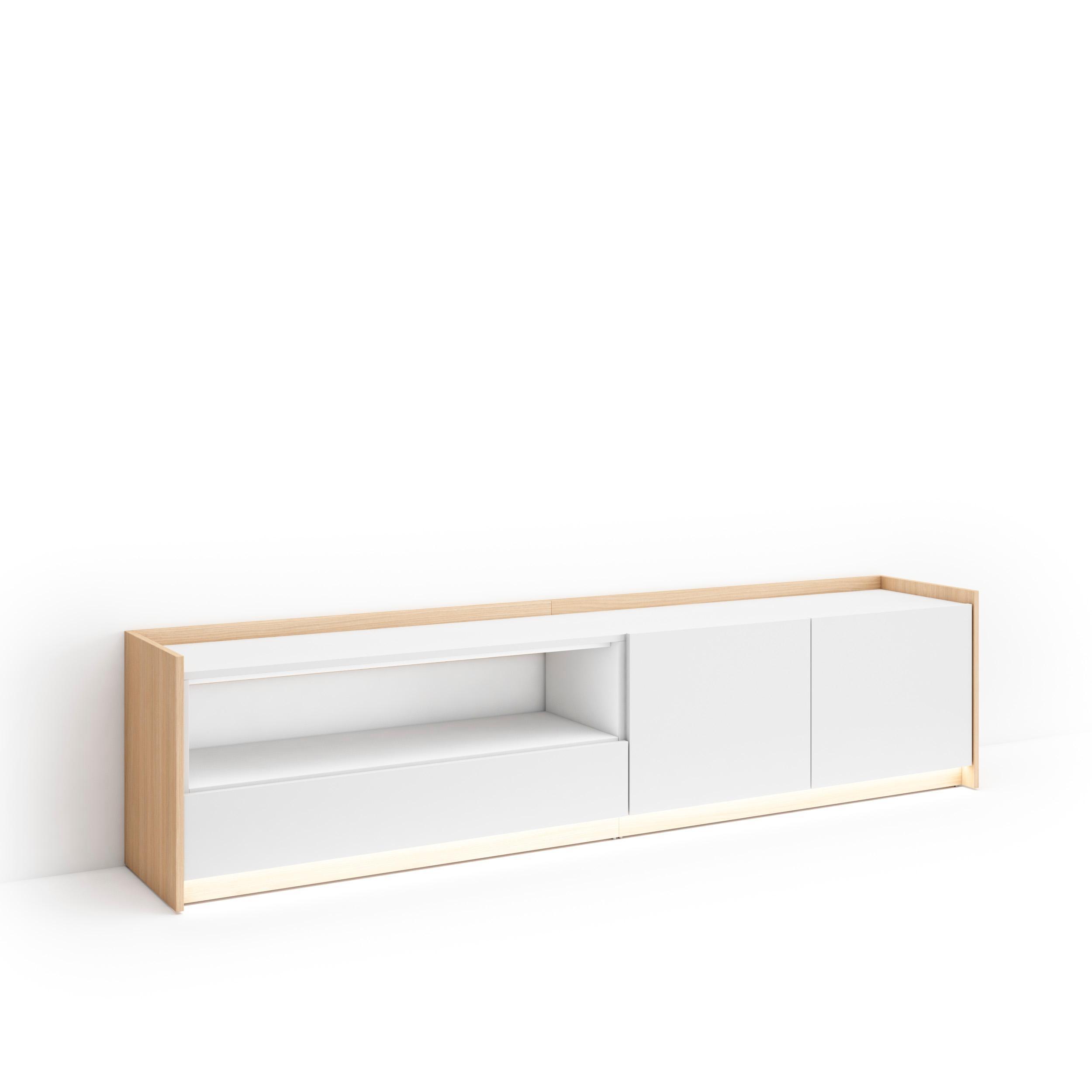 LOWBOARD, Weiß und Eiche, 207/37/50cm, mit Led - Weiß, Holzwerkstoff (207/50/37cm) - Skraut Home