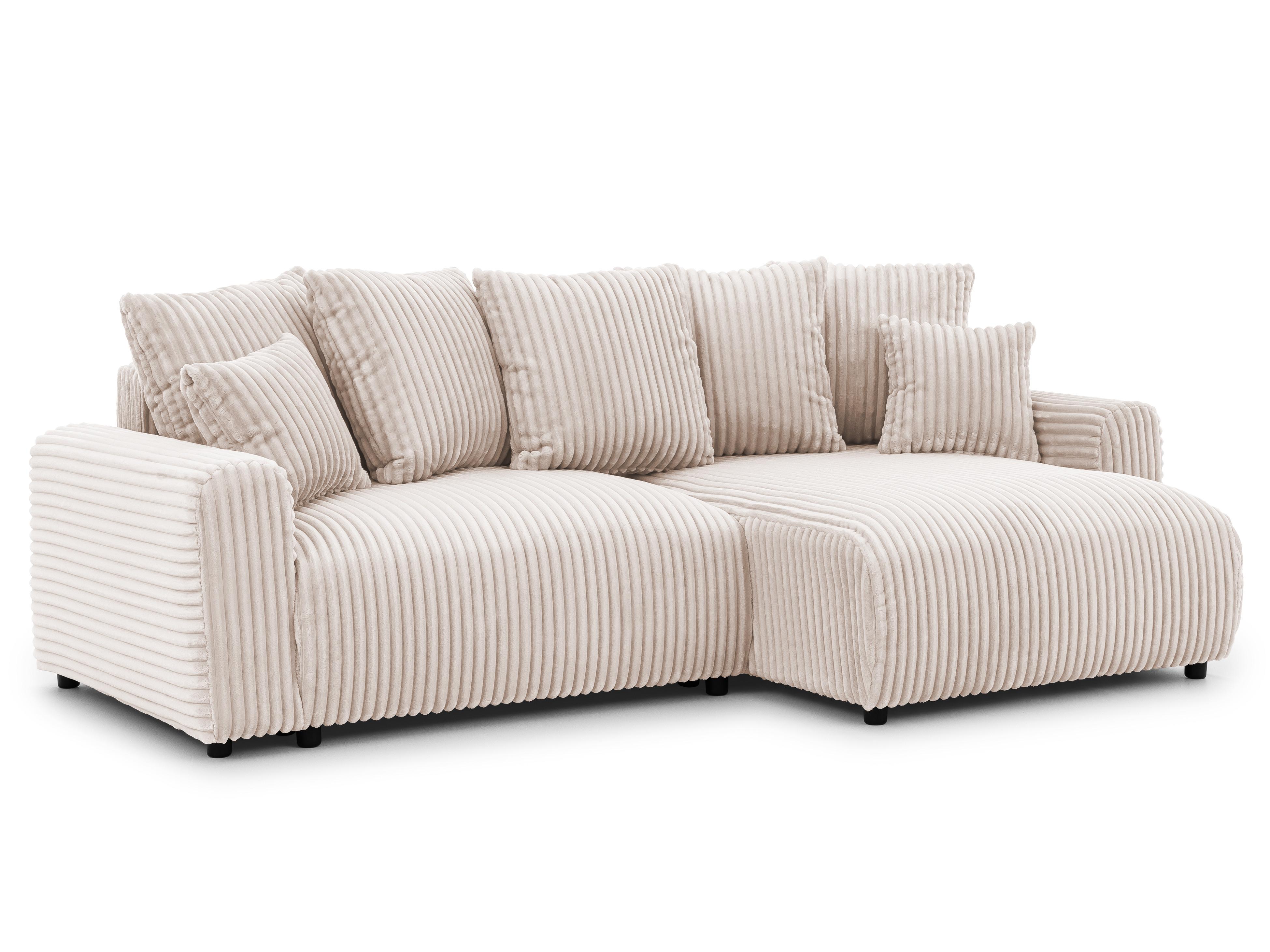 ECKSOFA Calma mit Schlaffunktion und Bettkasten im Bumpy-Design aus weichem Beige Plüschcord - Ottomane rechts - Beige/Schwarz, Holz/Kunststoff (140/239cm) - S-Style
