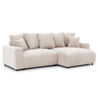 ECKSOFA Calma mit Schlaffunktion und Bettkasten im Bumpy-Design aus weichem Beige Plüschcord - Ottomane rechts - Beige/Schwarz, Holz/Kunststoff (140/239cm) - S-Style