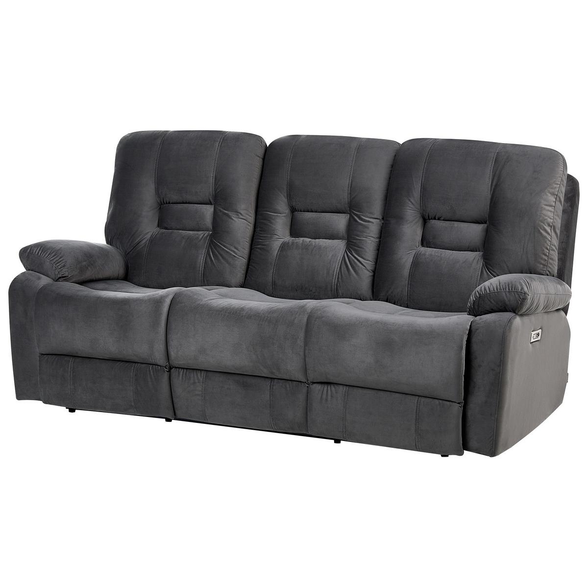 SOFA elektrisch verstellbar 3-Sitzer Samtstoff Dunkelgrau Bergen - Dunkelgrau/Grau, Textil (202/101/72cm) - Beliani